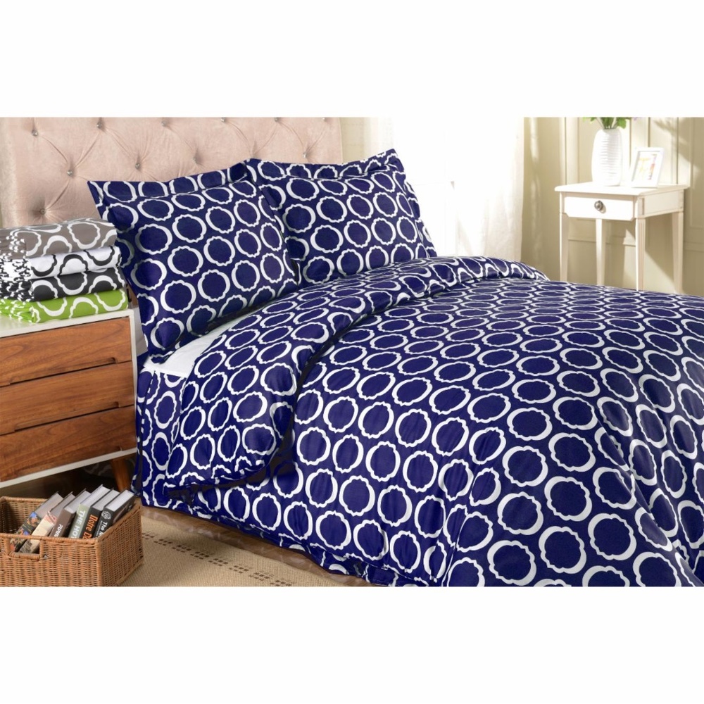 Dark Navy Blue and White Patterned Cotton Blend King/Cal-King Duvet Cover